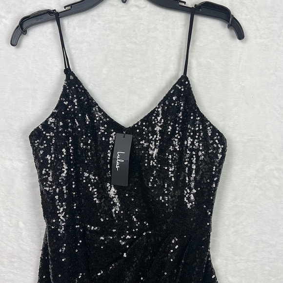Lulu's Forever Your Girl Black Sequin Holiday Ruched Wrap Style Mini Dress - Picture 4 of 11